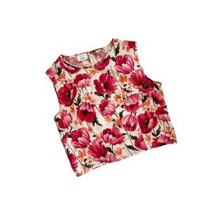 Vintage 1960s Cotton Sateen Blouse in a Pink Field Poppy Print | Size S